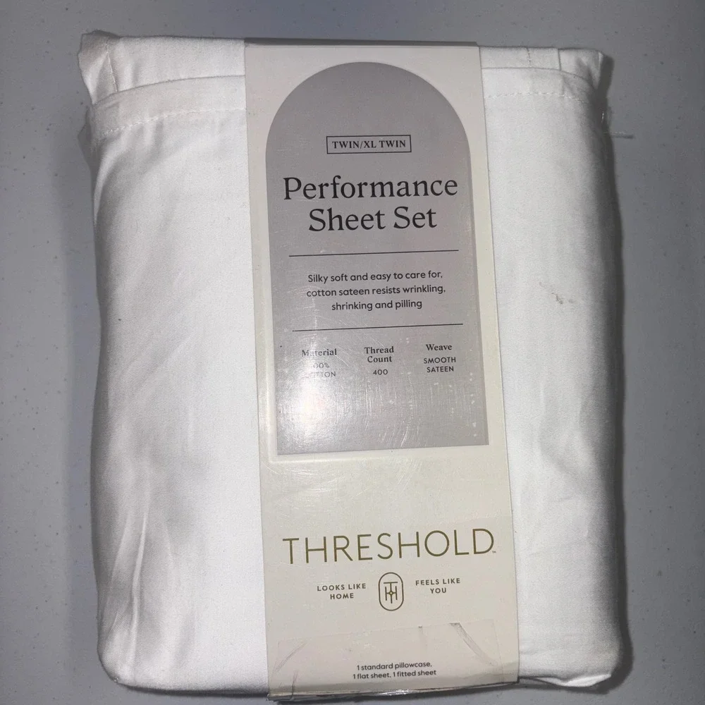 Threshold Performance Sheet Set Twin XL White 400 Thread Count Cotton Open Pack